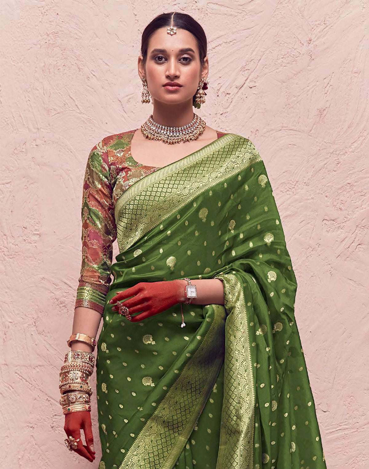 Collection of Olive Green Banarasi Crepe Dola Silk Saree in a gallery layout