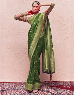 Collection of Olive Green Banarasi Crepe Dola Silk Saree in a gallery layout