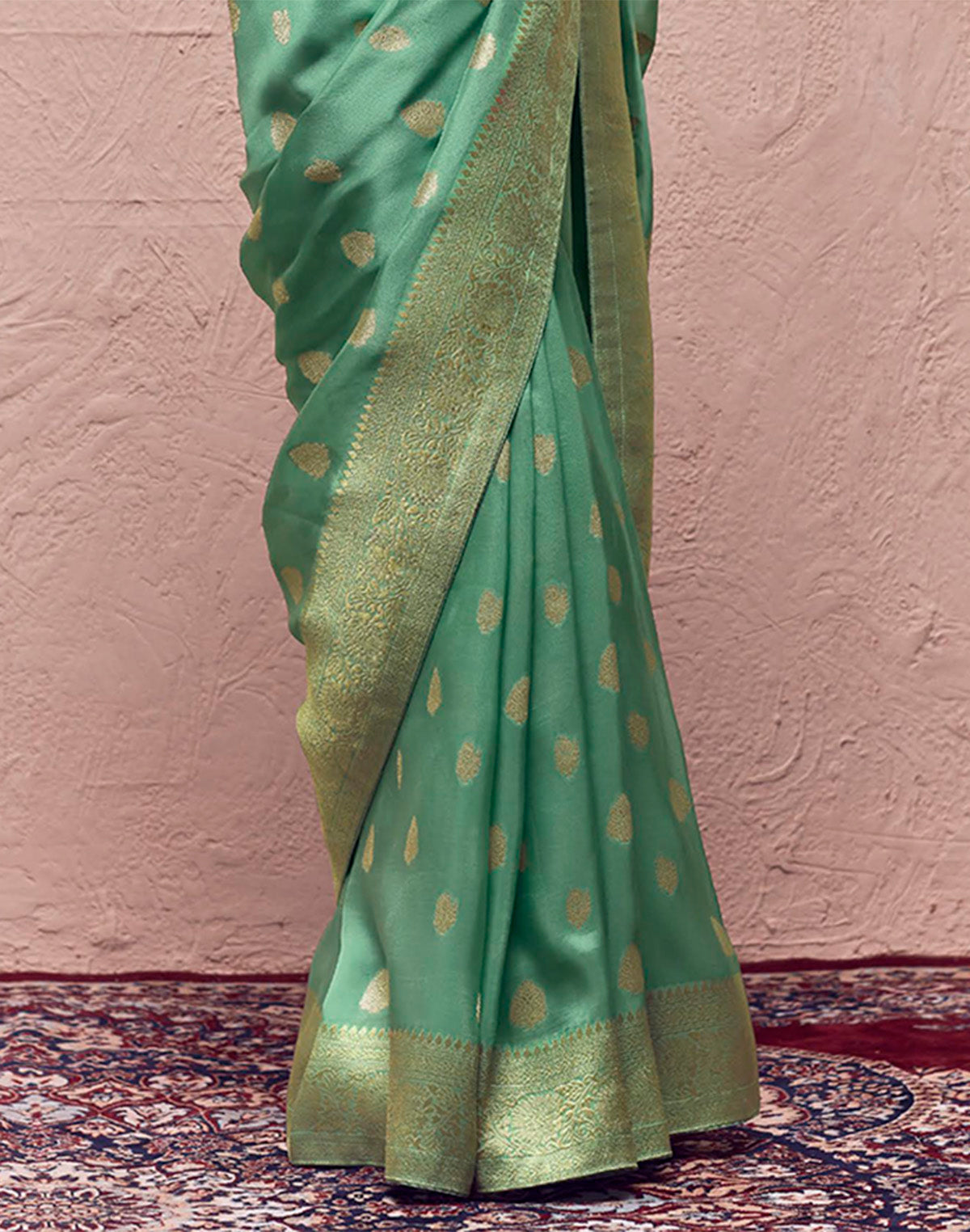 Collection of Mint Green Banarasi Pure Crepe Dola Silk Saree in a gallery layout