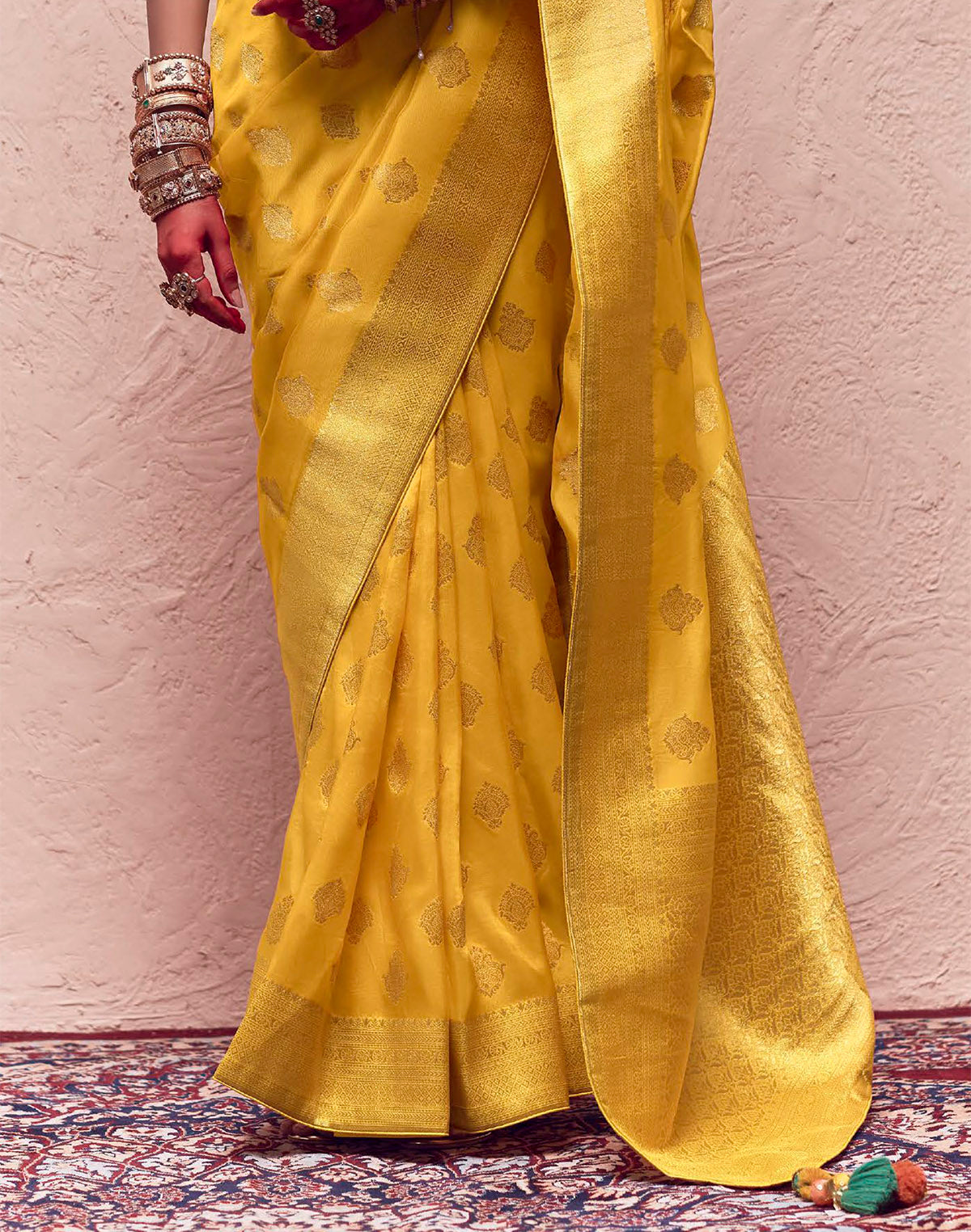 Collection of Yellow Floral Banarasi Crepe Dola Silk Saree With Designer Contrast Blouse in a gallery layout