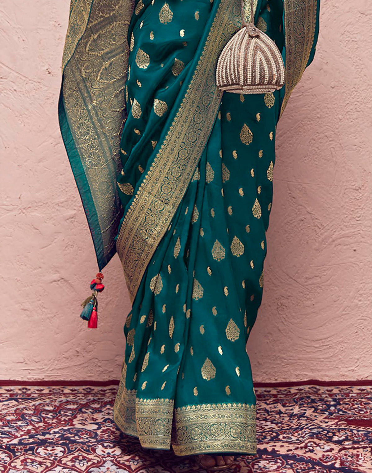 Collection of Peacock Blue Banarasi Crepe Dola Silk Saree With Designer Blouse in a gallery layout