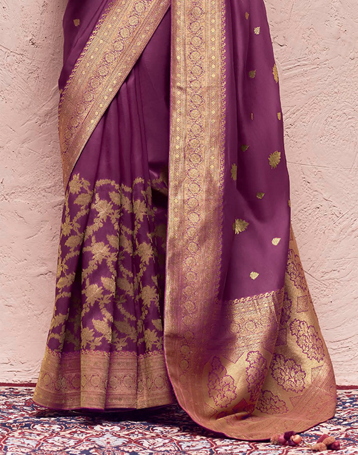 Collection of Light Wine Coloured Banarasi Pure Crepe Dola Silk Saree in a gallery layout