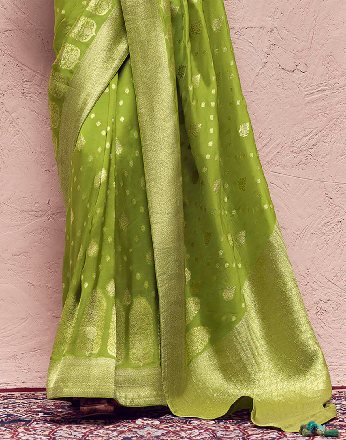 Collection of Parrot Green Banarasi Pure Crepe Dola Silk Saree in a gallery layout