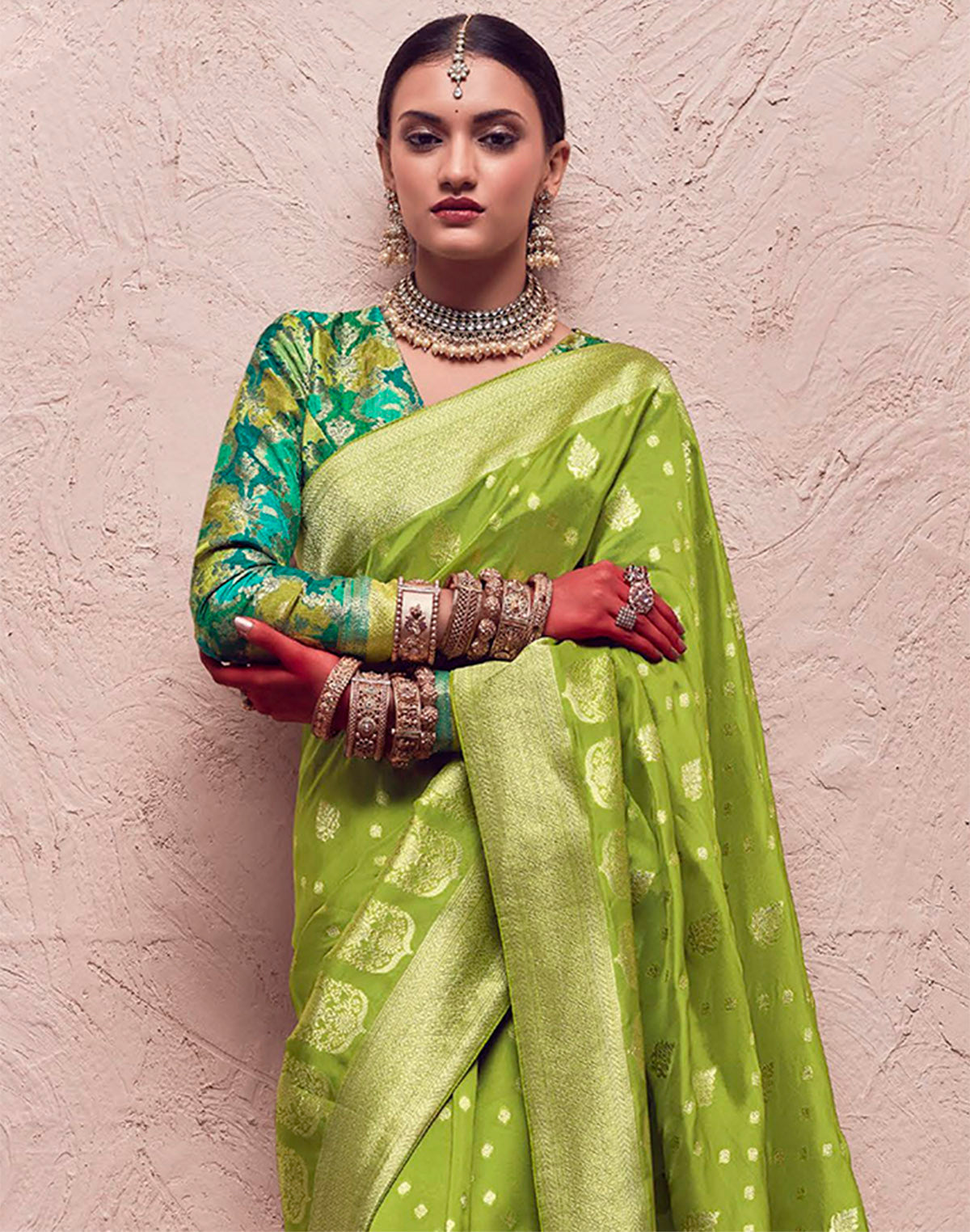 Collection of Parrot Green Banarasi Pure Crepe Dola Silk Saree in a gallery layout