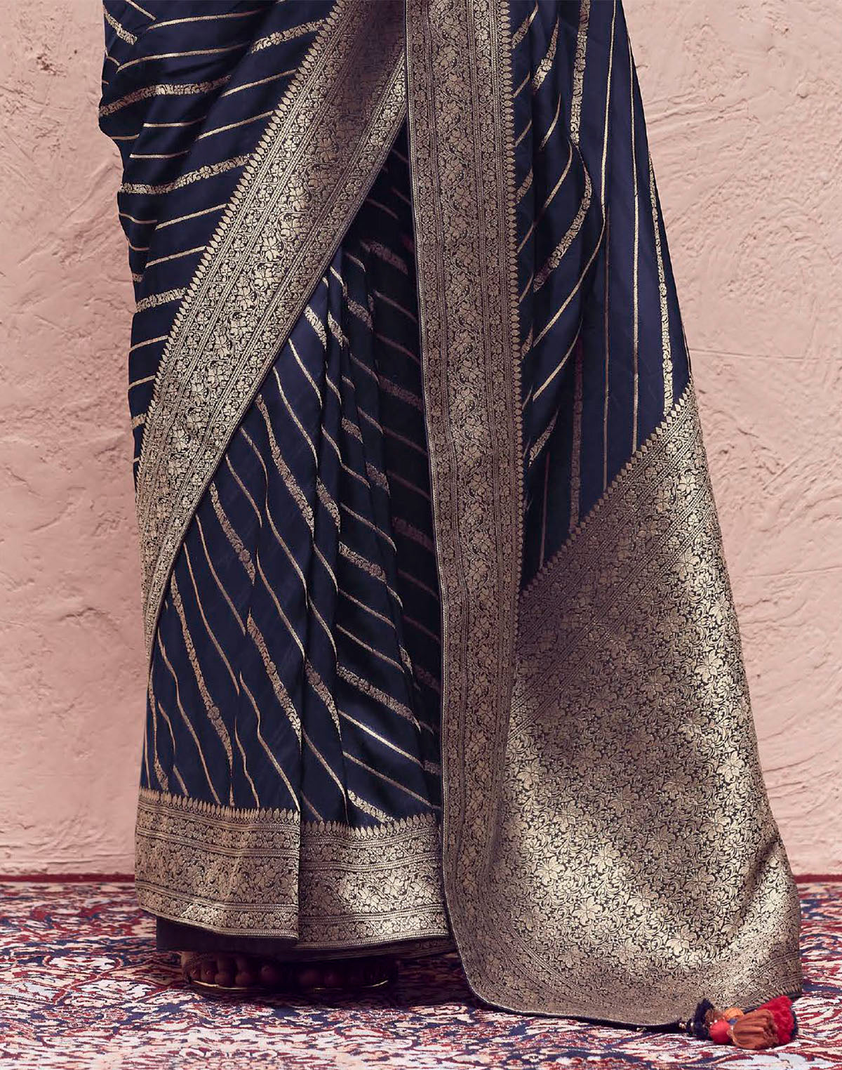 Collection of Dark Navy Blue Banarasi Crepe Silk Saree With Designer Blouse in a gallery layout