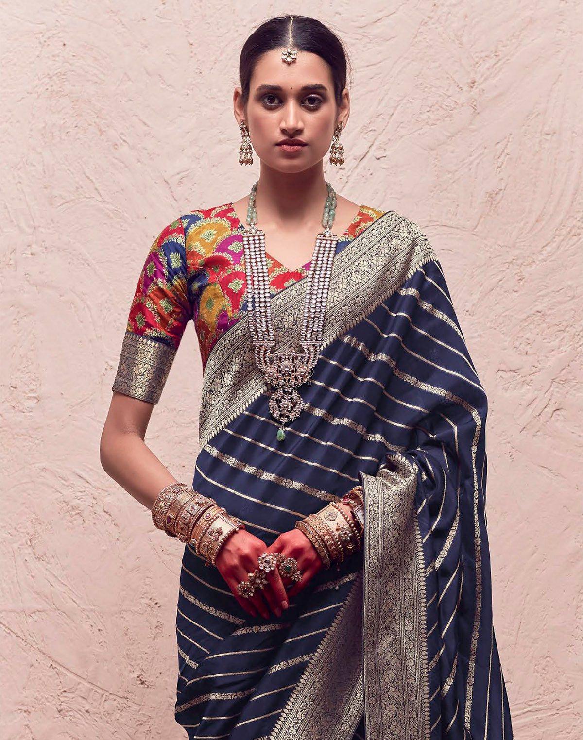 Collection of Dark Navy Blue Banarasi Crepe Silk Saree With Designer Blouse in a gallery layout