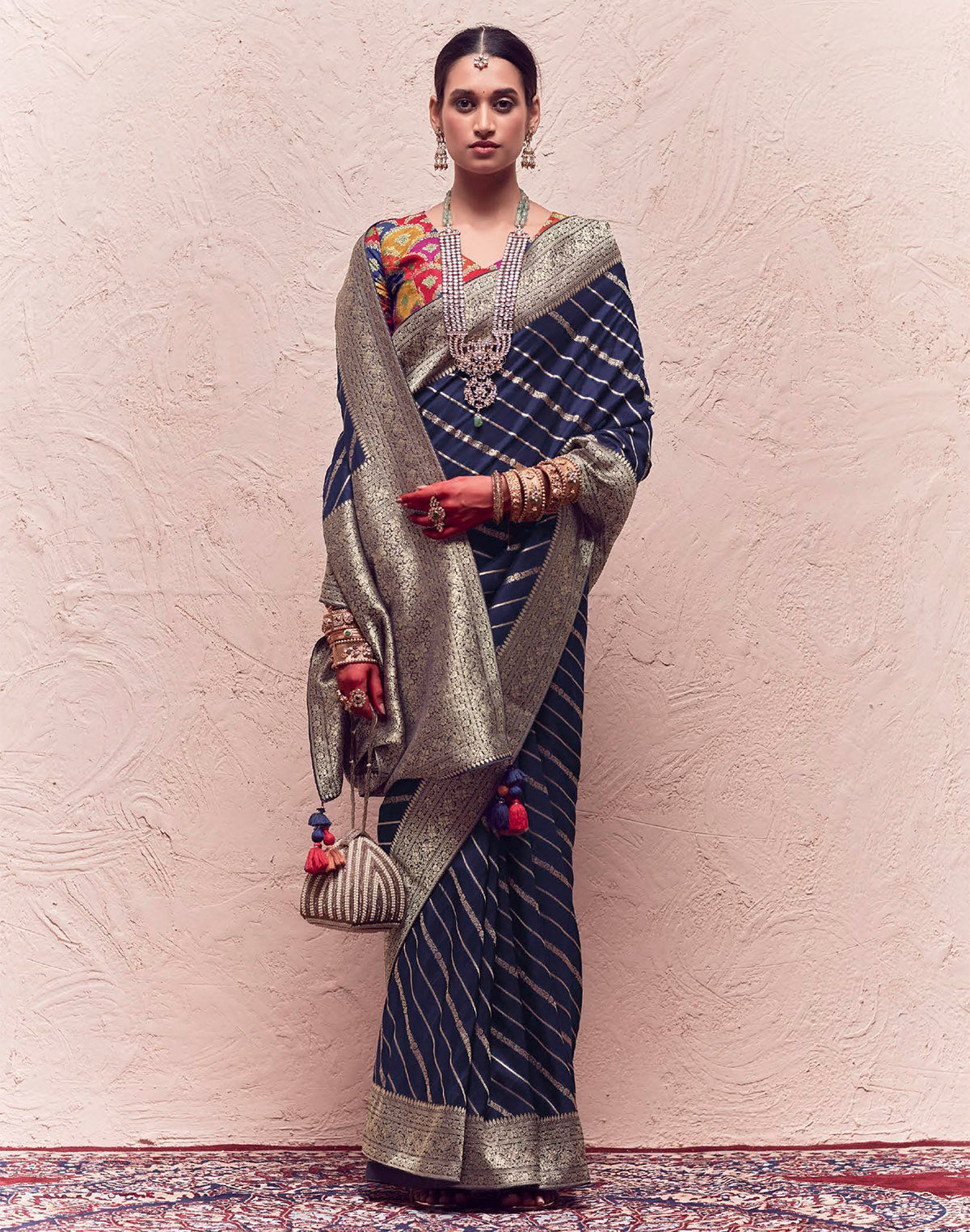 Collection of Dark Navy Blue Banarasi Crepe Silk Saree With Designer Blouse in a gallery layout