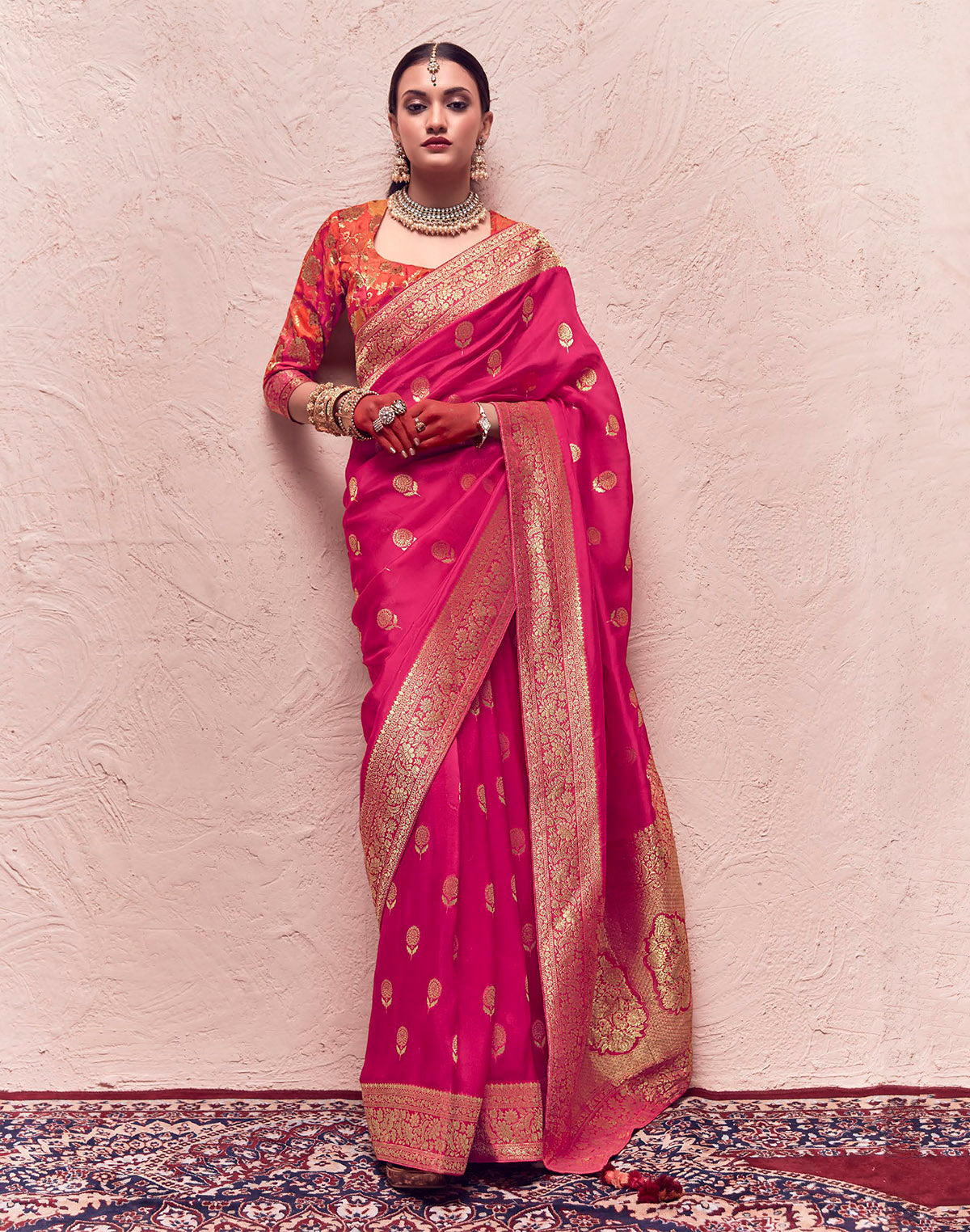 Rani Pink Banarasi Pure Crepe Dola Silk Designer Saree