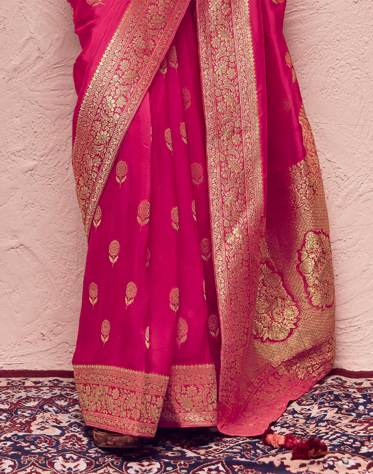 Collection of Rani Pink Banarasi Pure Crepe Dola Silk Designer Saree in a gallery layout