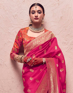 Collection of Rani Pink Banarasi Pure Crepe Dola Silk Designer Saree in a gallery layout