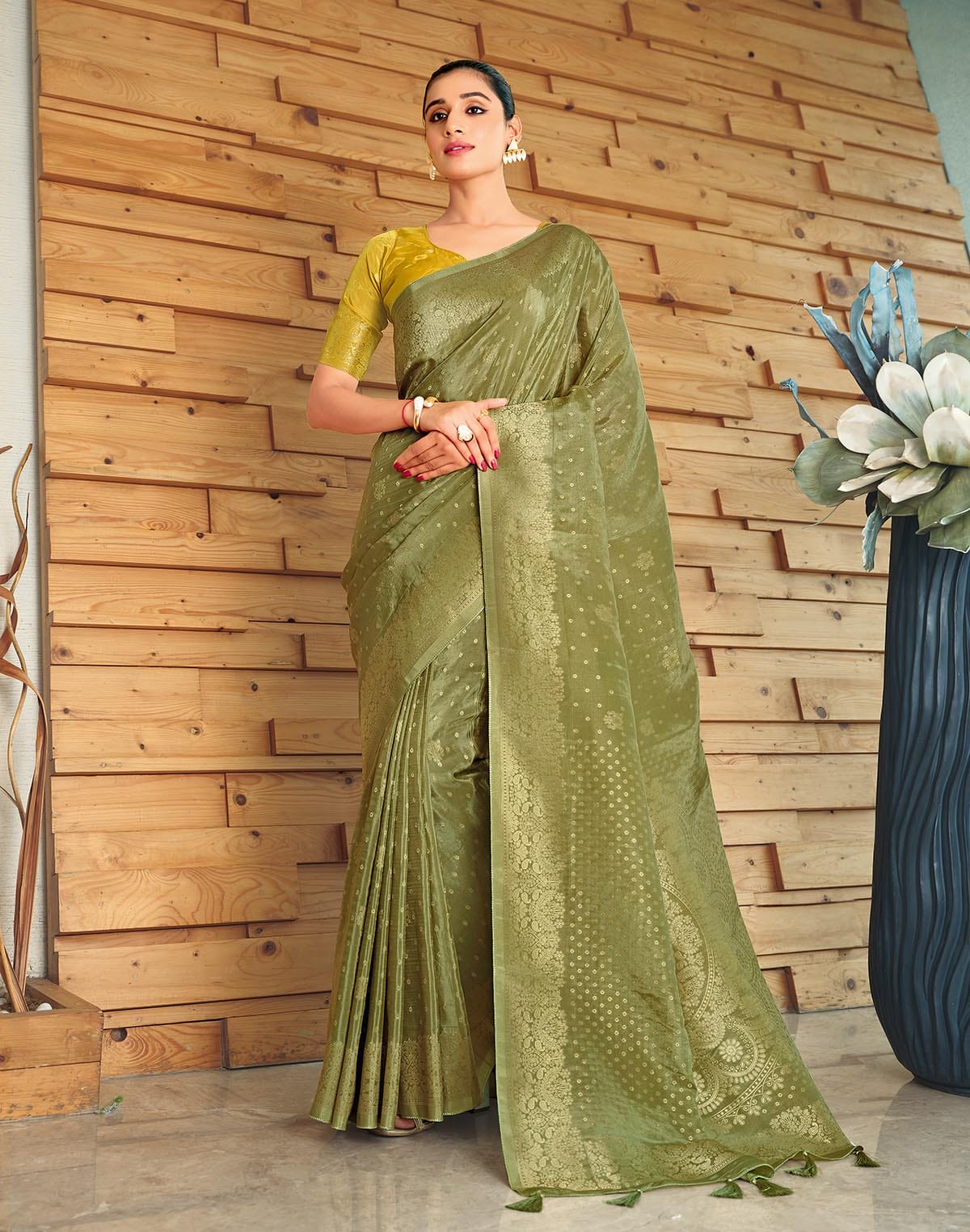 Olive Green Semi Crape Embellished work Saree