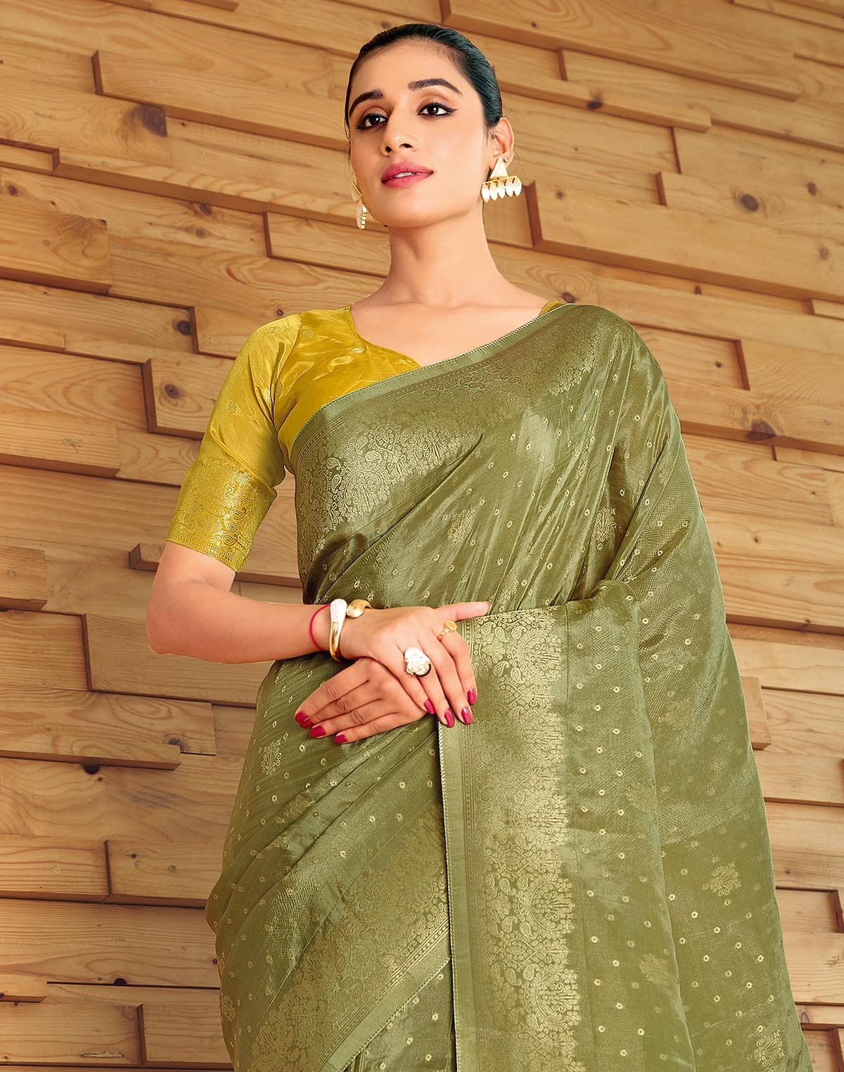 Olive Green Semi Crape Embellished work Saree