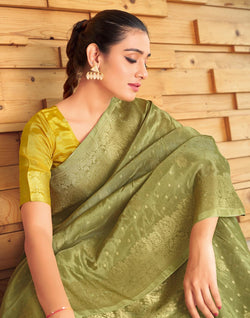 Collection of Olive Green Semi Crape Embellished work Saree in a gallery layout