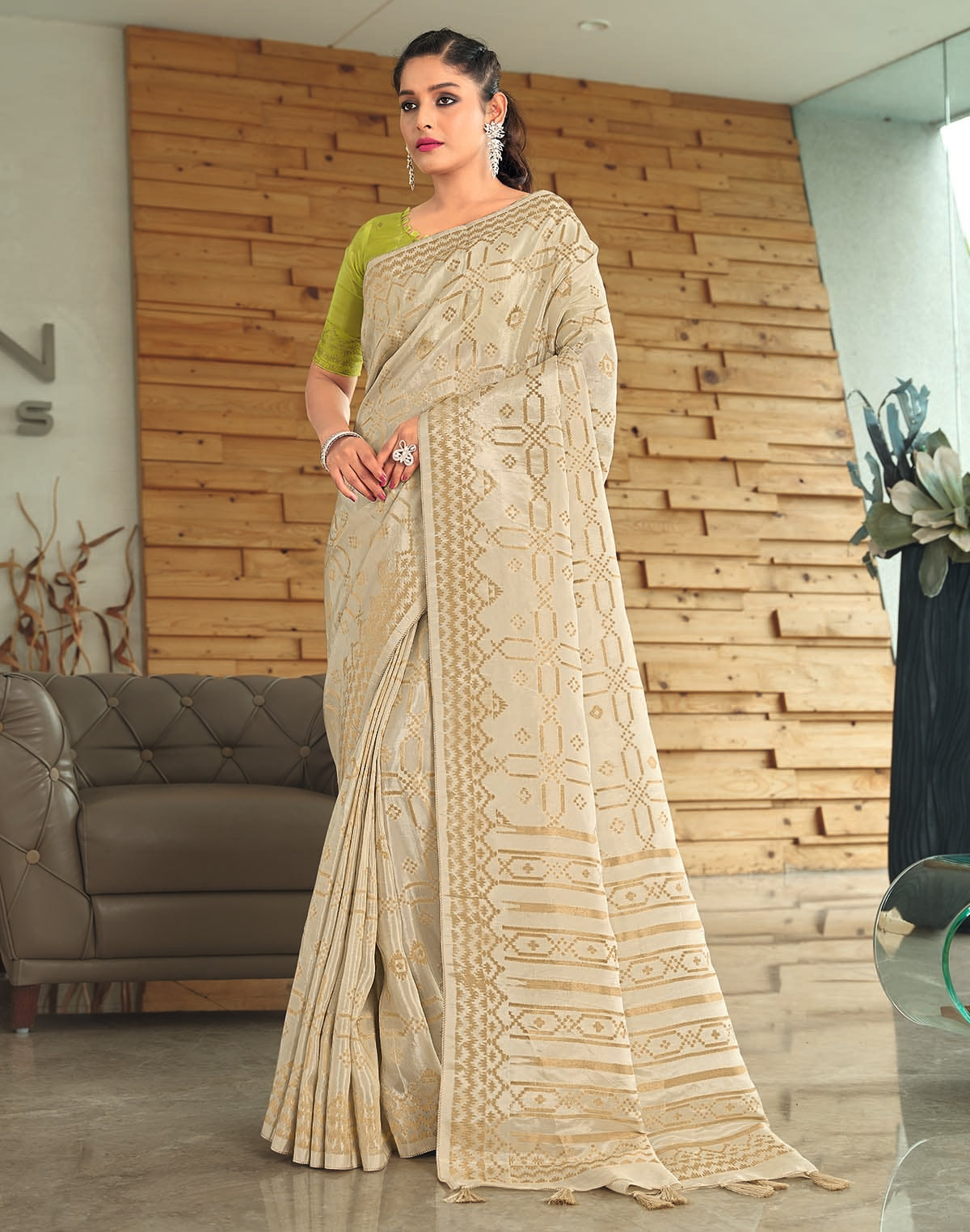 Collection of Cream and Gold Semi Crape Saree in a gallery layout