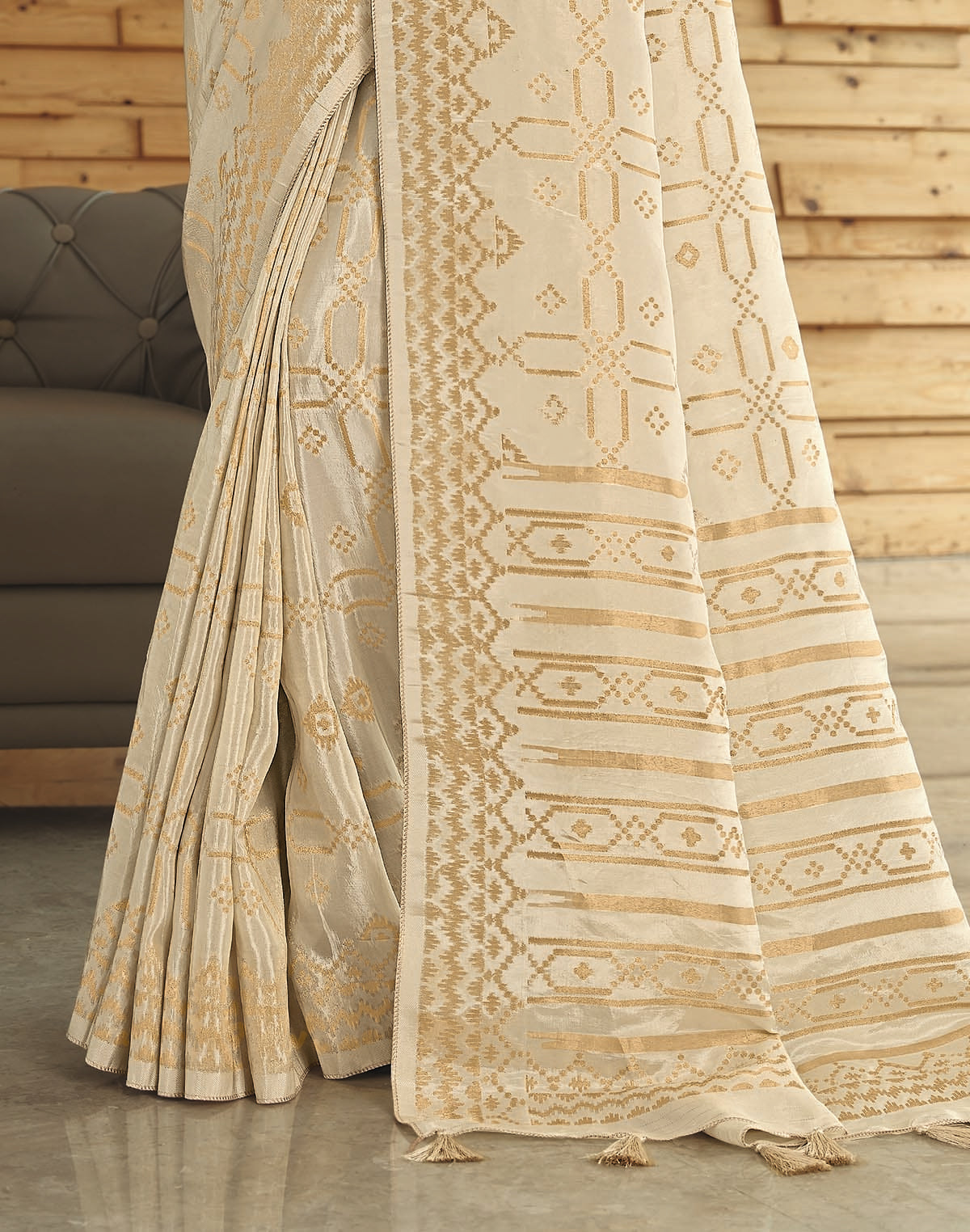 Collection of Cream and Gold Semi Crape Saree in a gallery layout