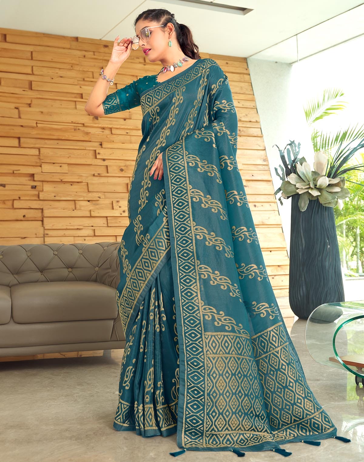 Collection of All over Floral Print Semi Crape Saree in a gallery layout