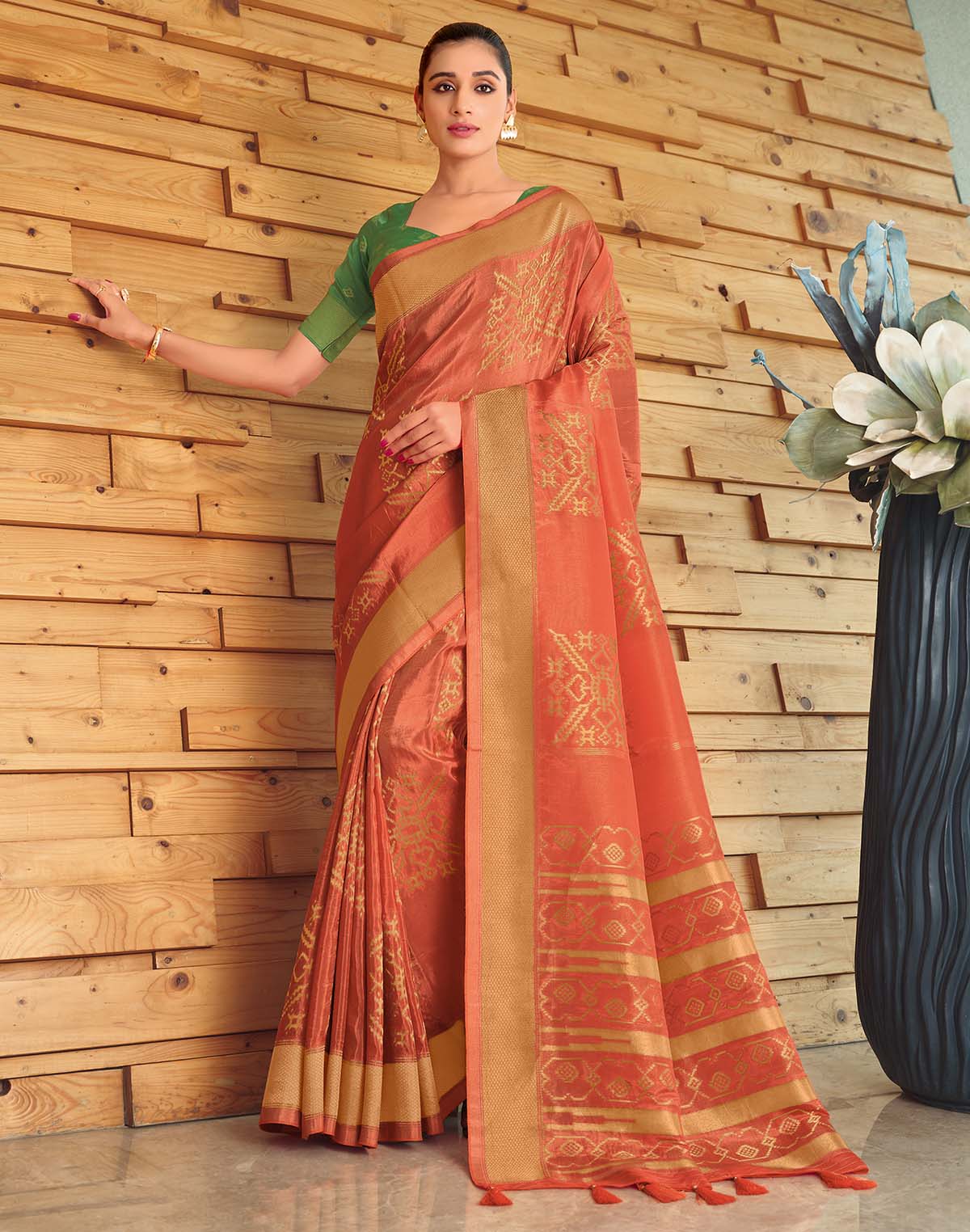 Collection of Orange Semi Crape Contrast Blouse Saree in a gallery layout