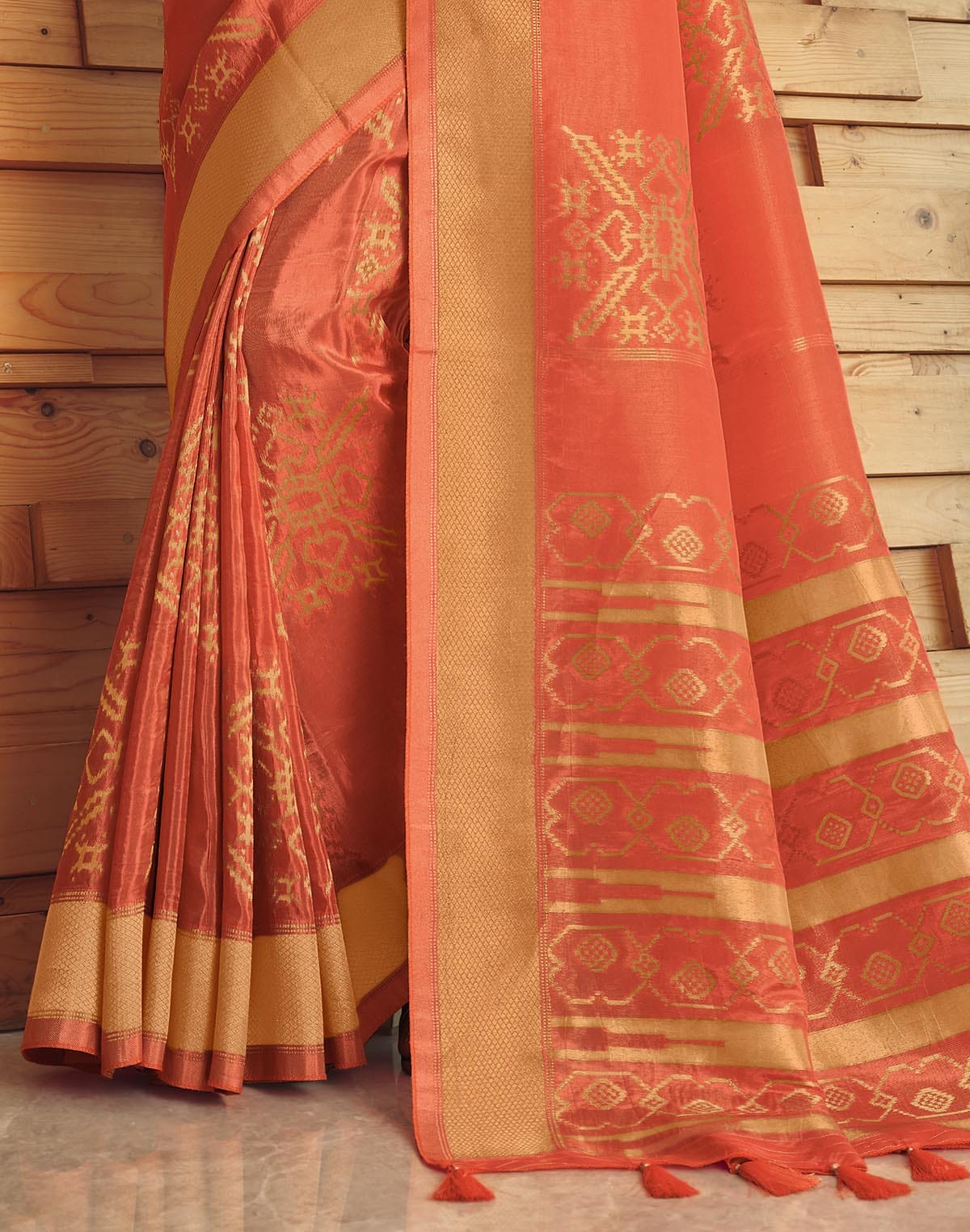 Collection of Orange Semi Crape Contrast Blouse Saree in a gallery layout