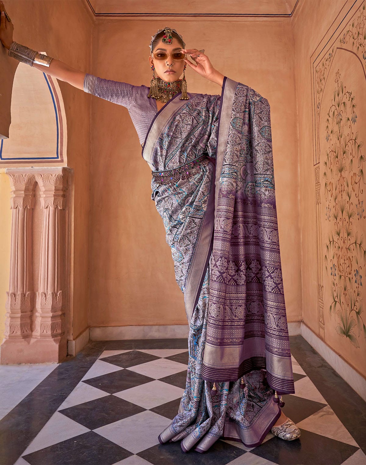 Collection of Admirable Purple Floral Soft Silk Saree in a gallery layout