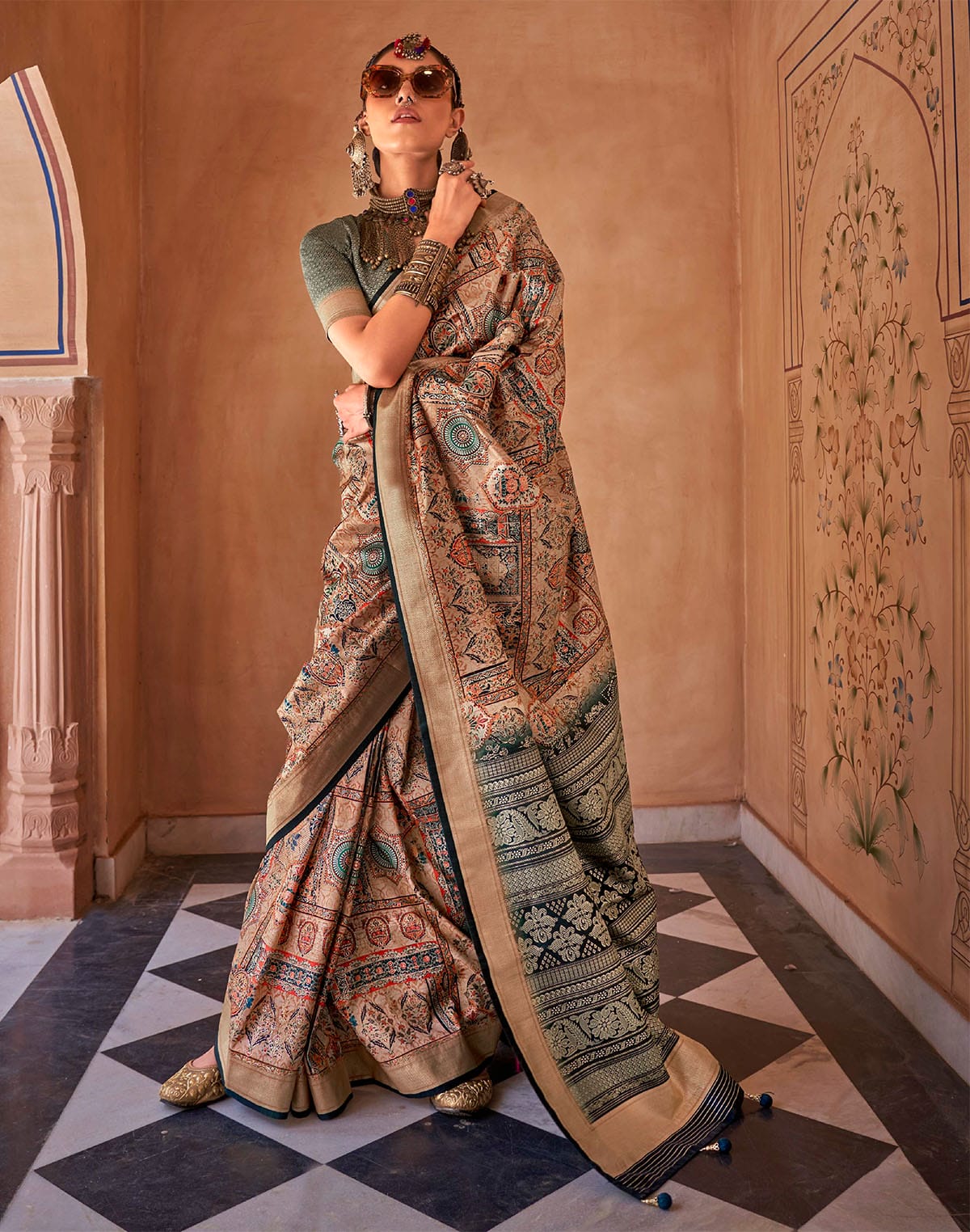 Collection of Orange and Green Soft Silk Saree in a gallery layout