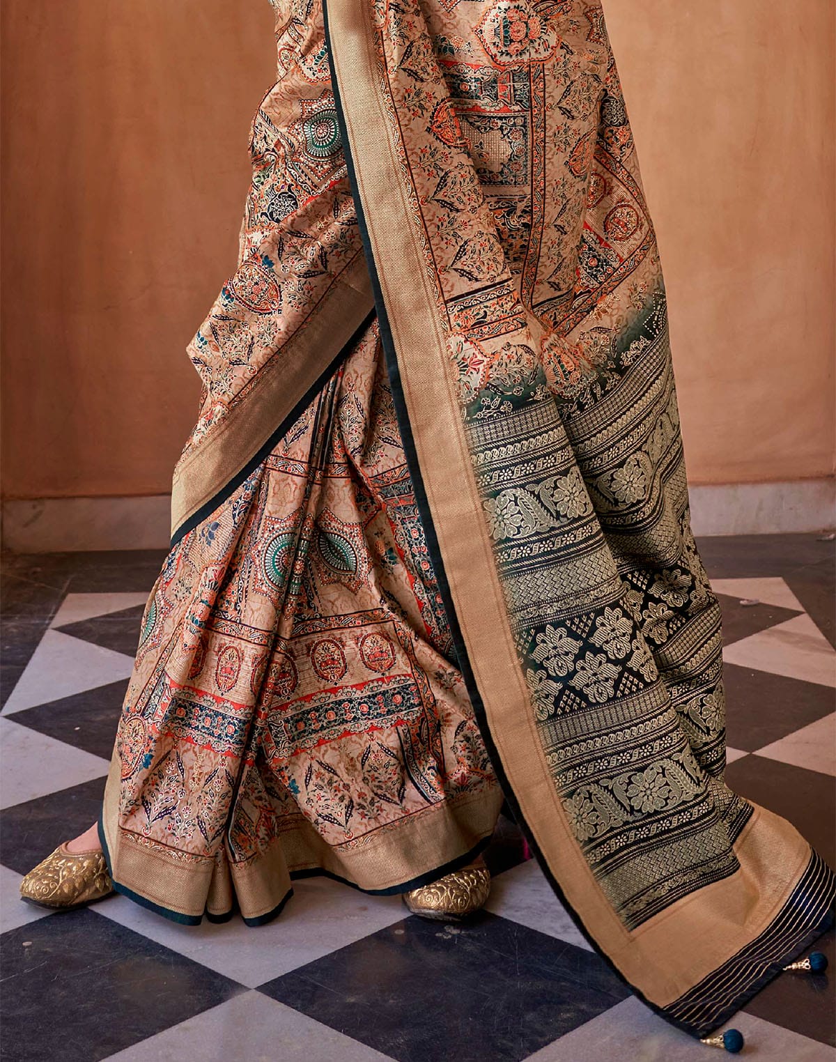 Collection of Orange and Green Soft Silk Saree in a gallery layout