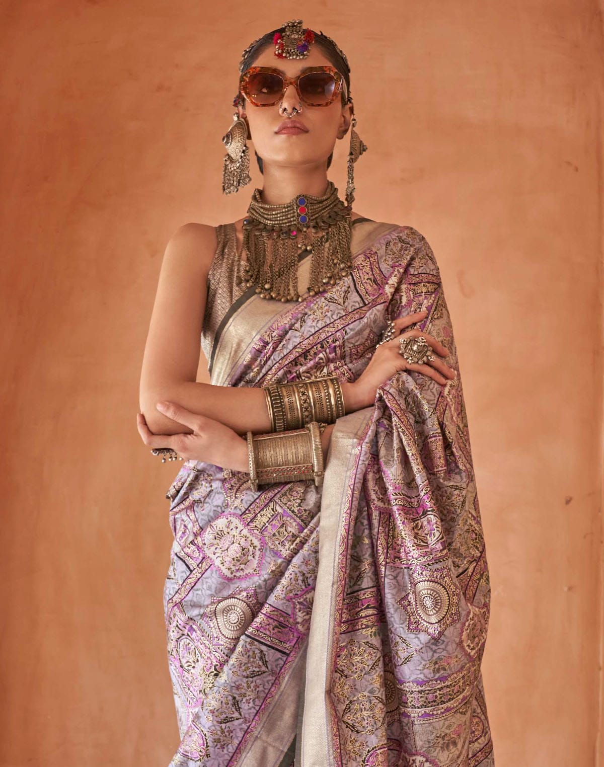 Collection of Trendy Light Pink Floral Print Soft Silk Saree in a gallery layout