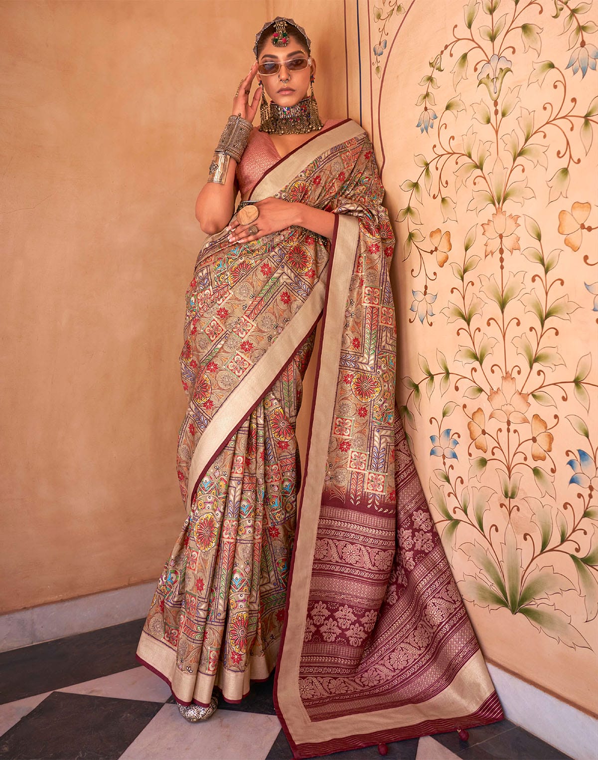 Collection of Soft Silk Floral Print Multi Color Saree in a gallery layout