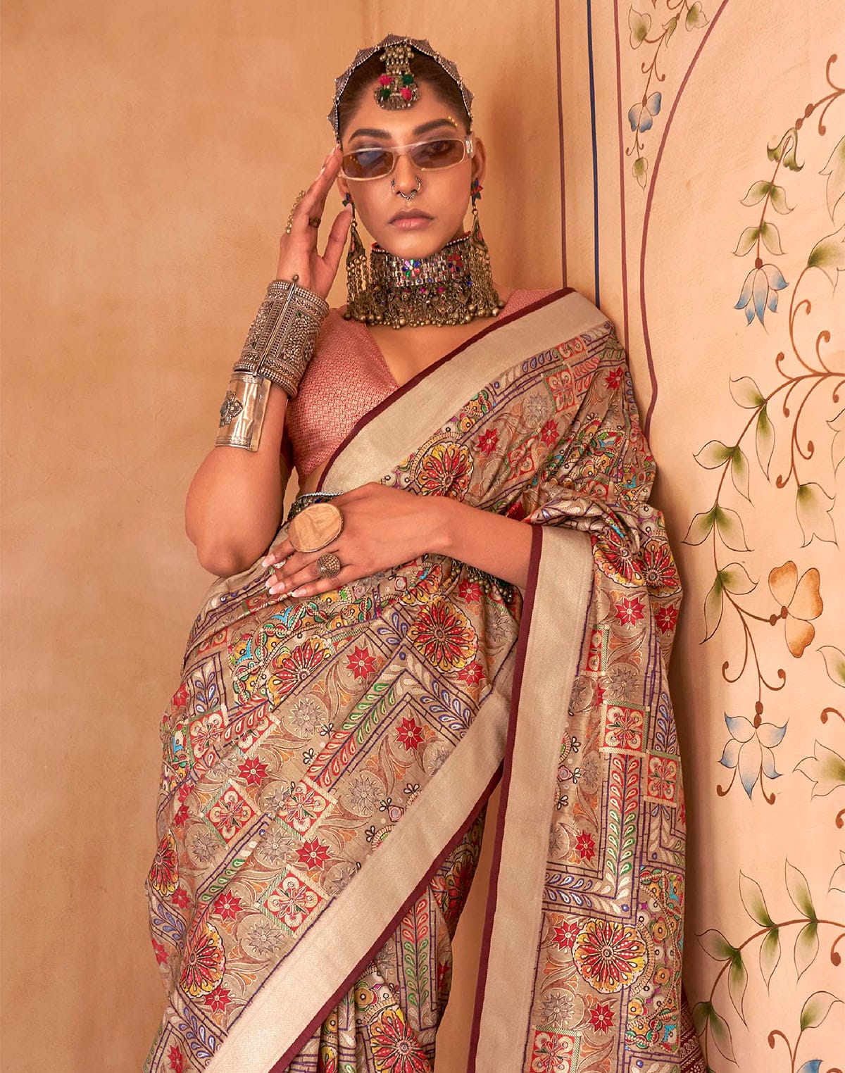 Collection of Soft Silk Floral Print Multi Color Saree in a gallery layout