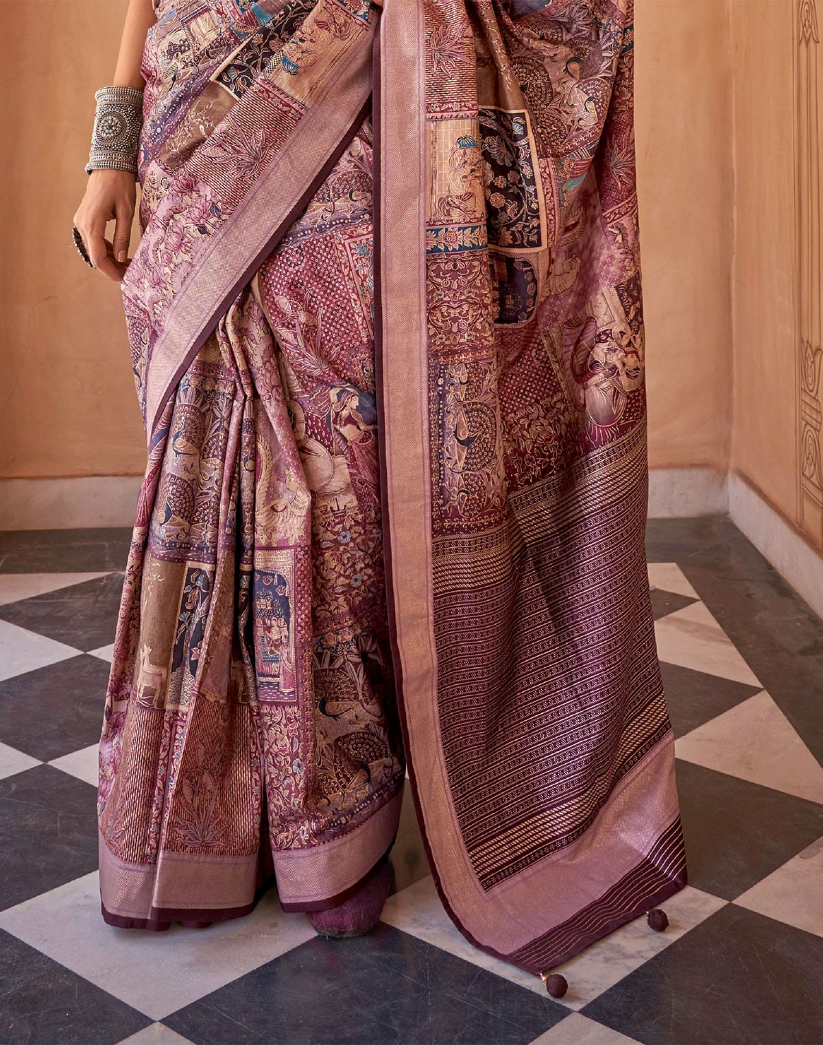 Collection of Voilet Floral Print Soft Silk Saree in a gallery layout