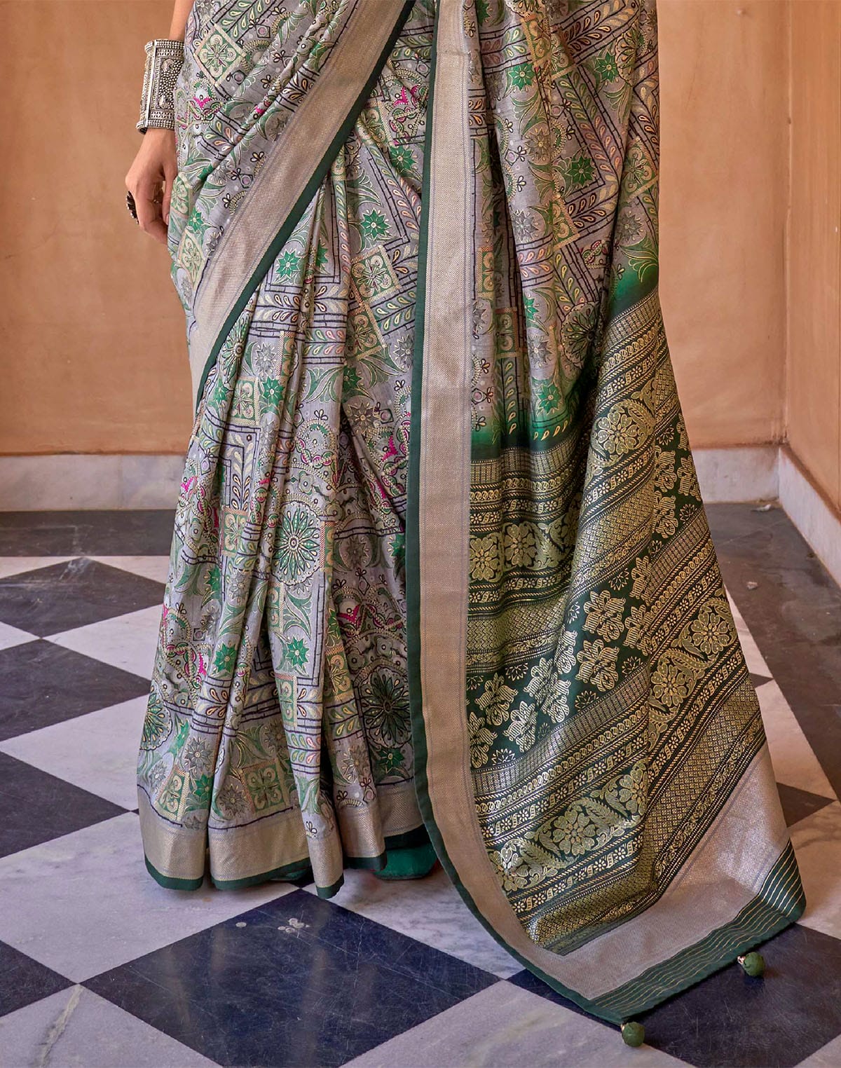 Collection of Green Coloured Soft Silk Party Wear Saree in a gallery layout