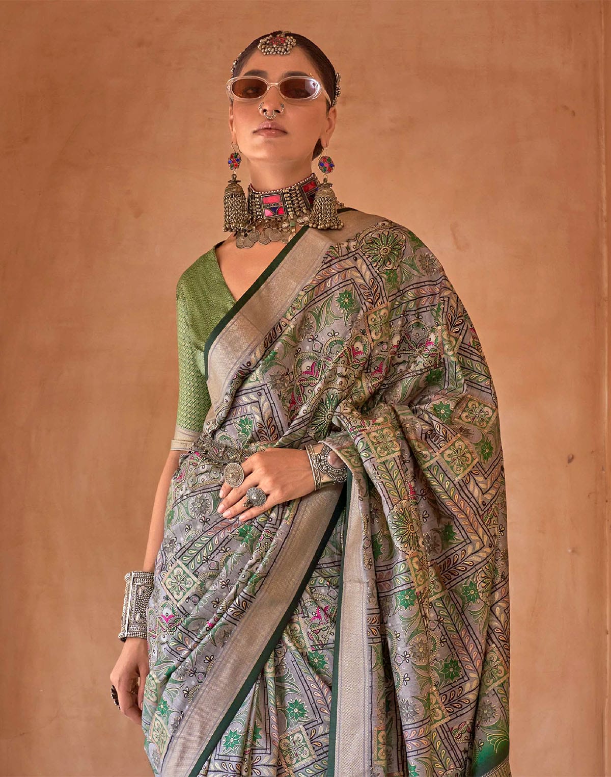 Collection of Green Coloured Soft Silk Party Wear Saree in a gallery layout