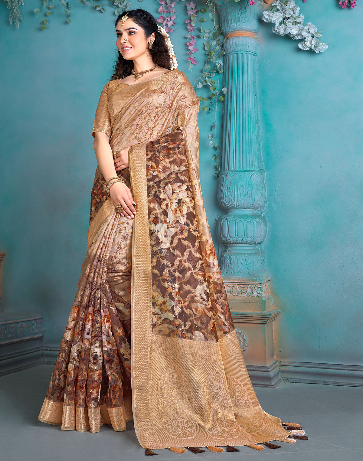 Brown and Gold Tissue Floral Print Saree