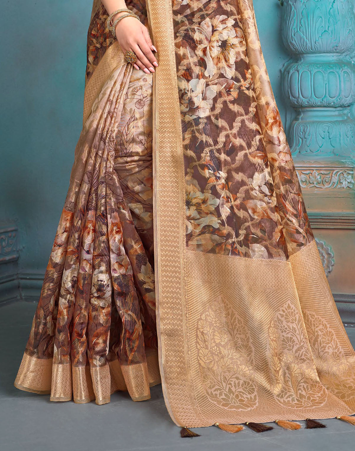 Collection of Brown and Gold Tissue Floral Print Saree in a gallery layout