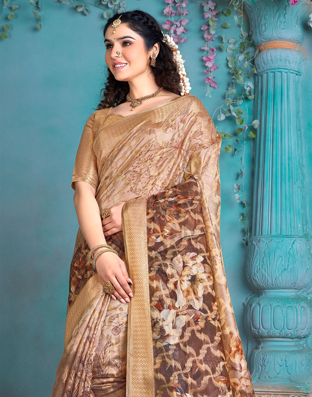 Brown and Gold Tissue Floral Print Saree