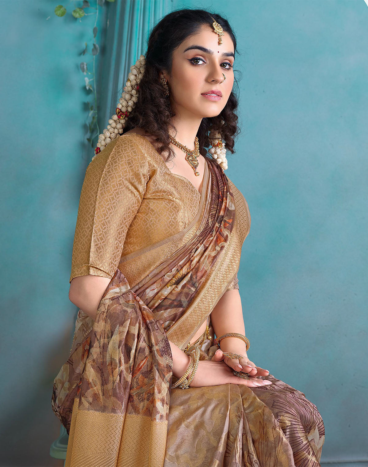 Brown and Gold Tissue Floral Print Saree