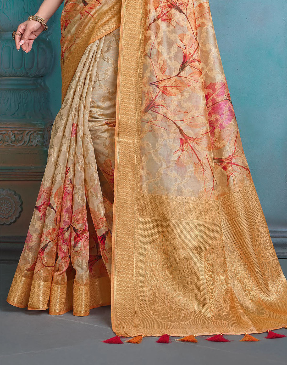 Collection of Light Beige Coloured Tissue Fancy Saree in a gallery layout