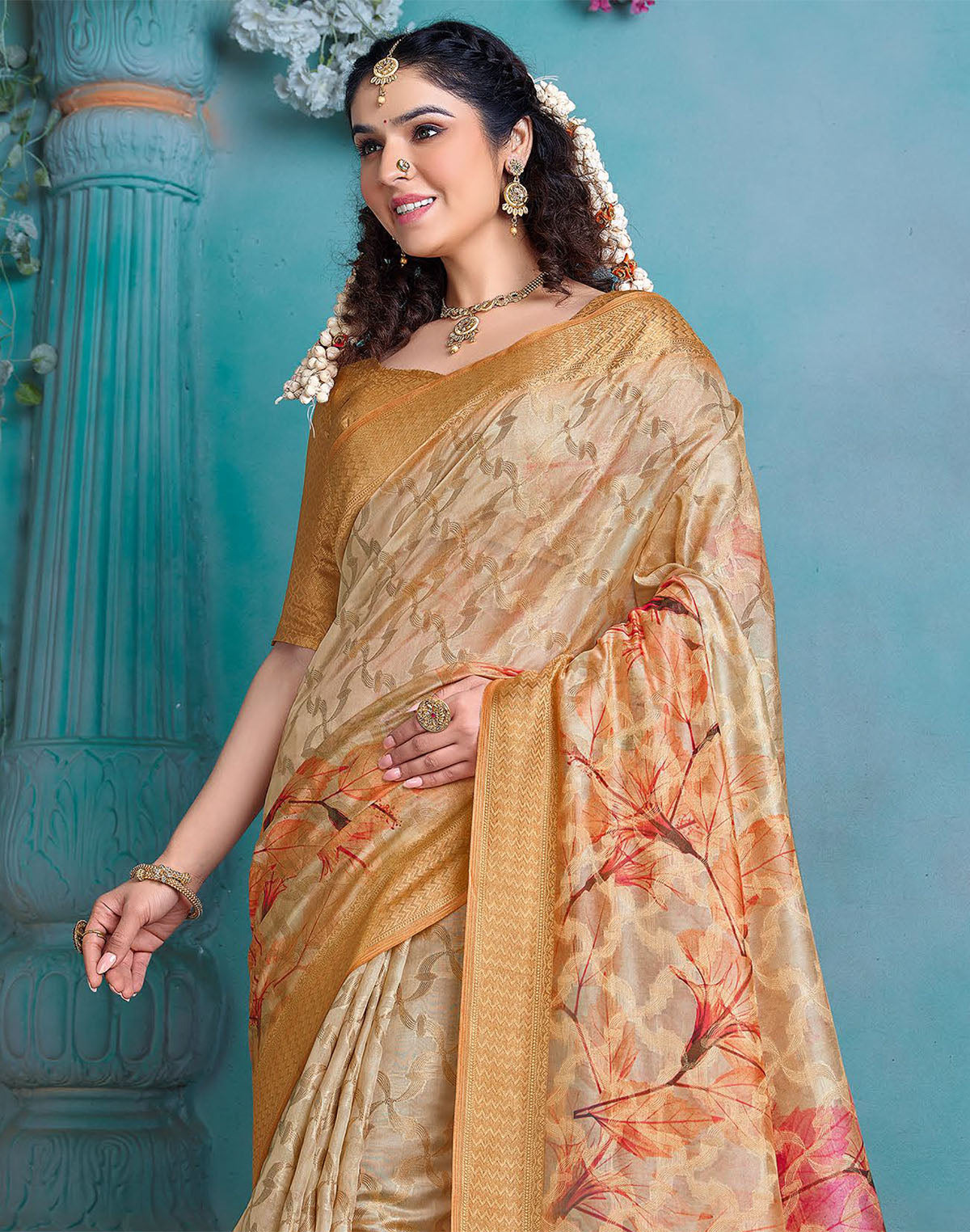 Light Beige Coloured Tissue Fancy Saree