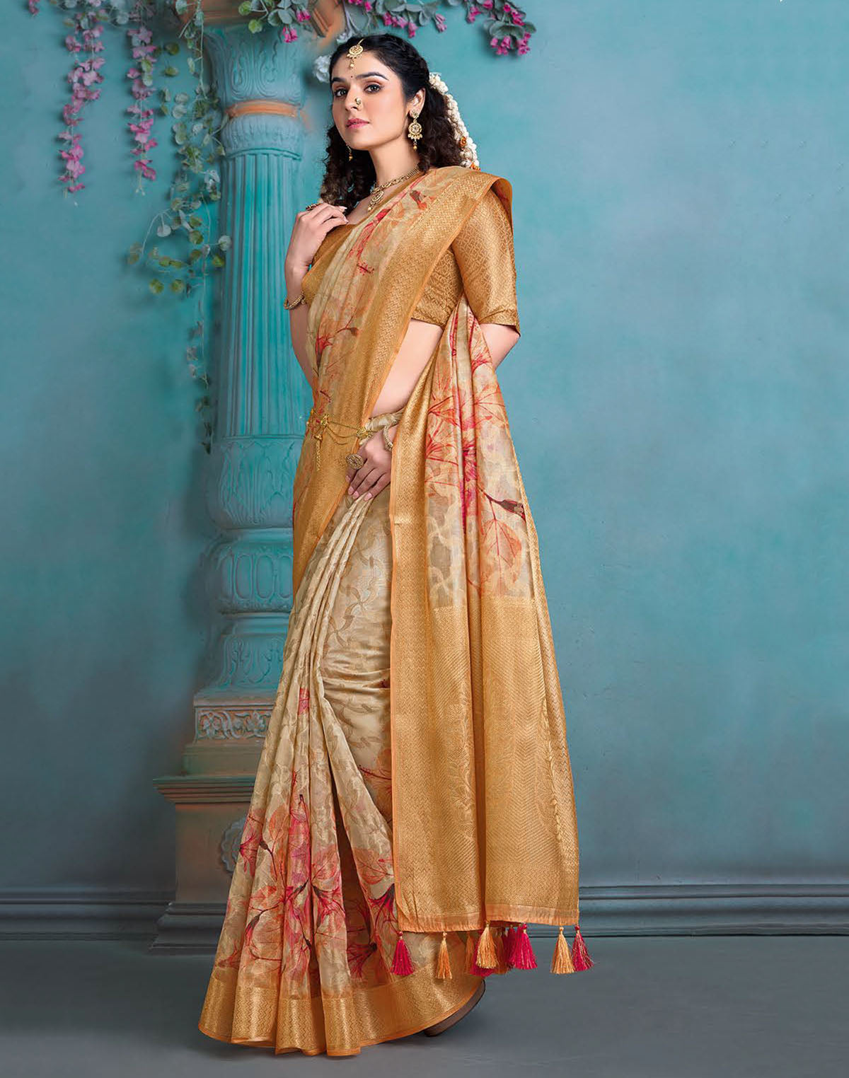 Light Beige Coloured Tissue Fancy Saree