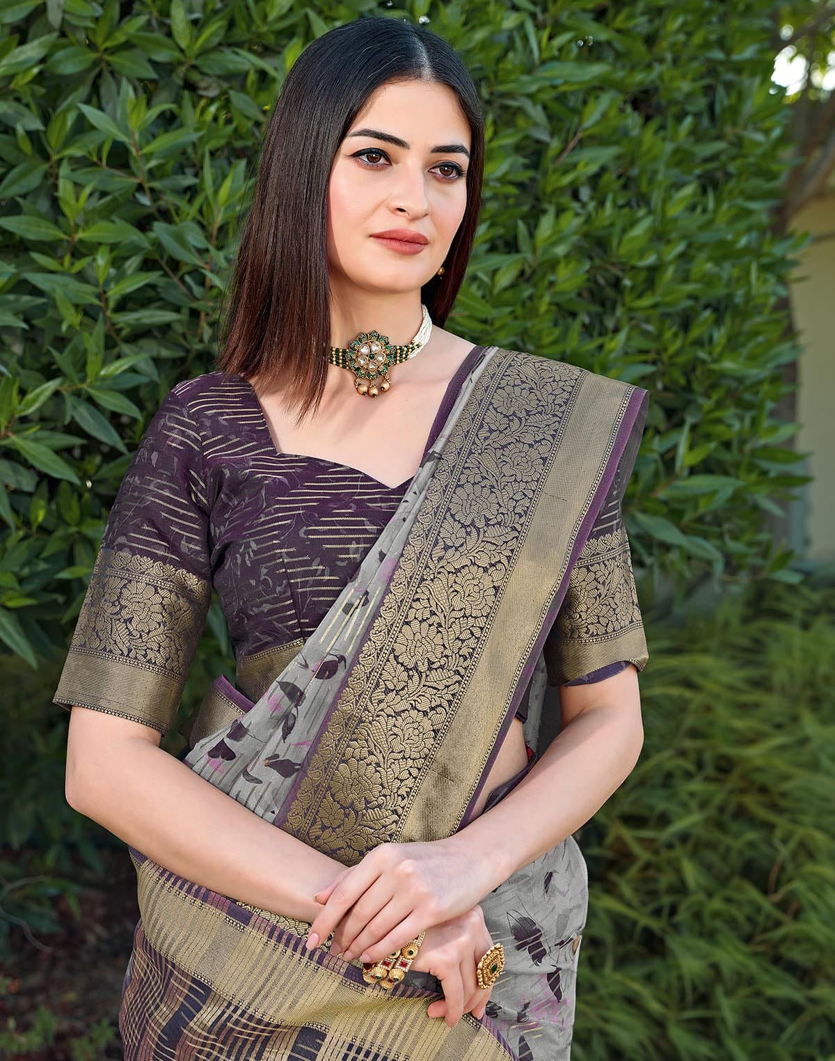 Collection of Light Grey Ethnic Motifs Dola Silk Saree in a gallery layout