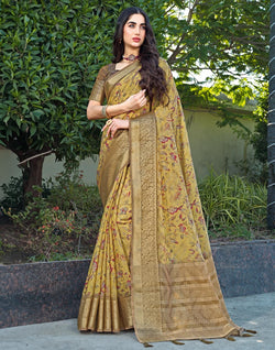 Collection of Digital Foral Print Light Yellow Dola Silk Saree in a gallery layout