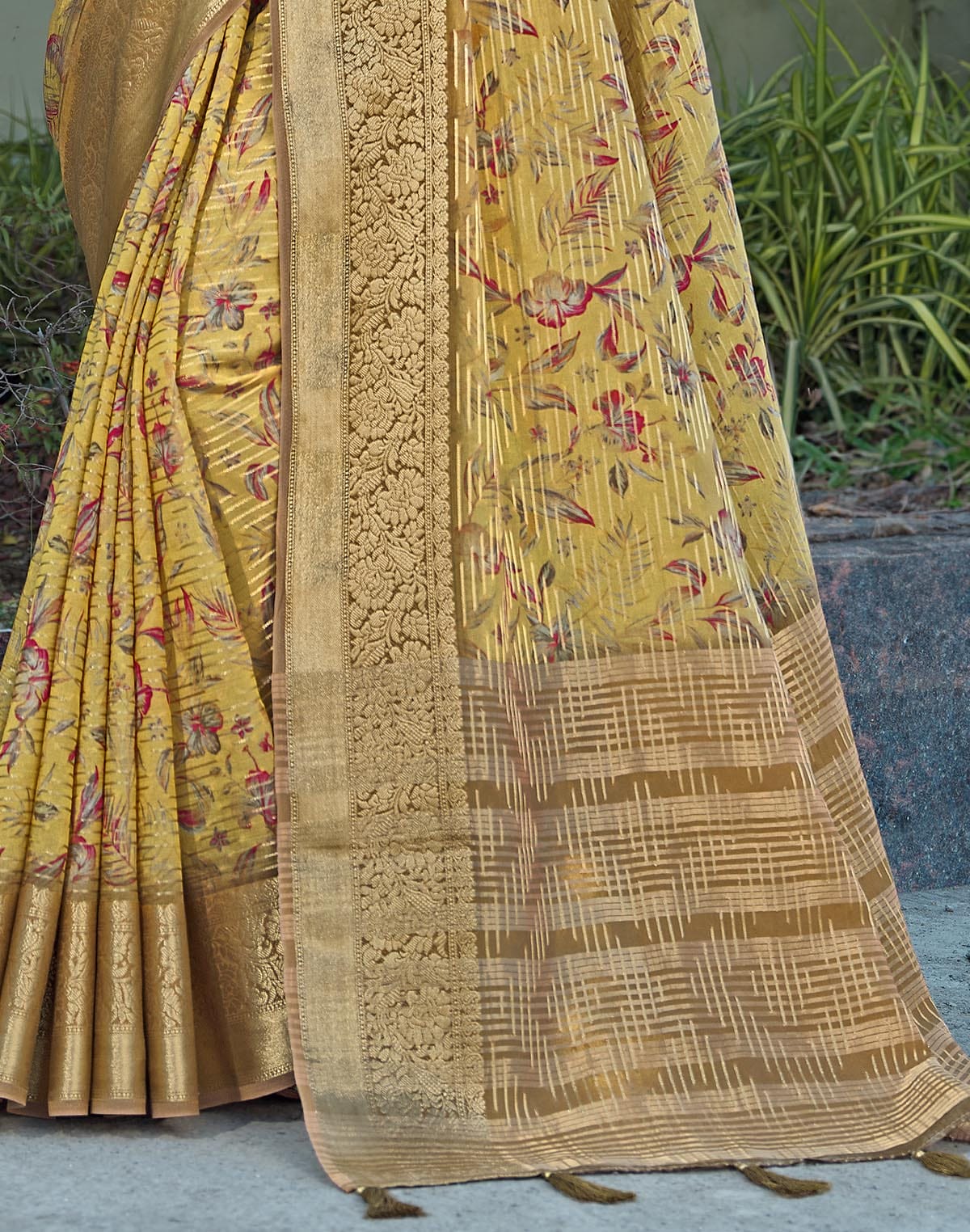 Collection of Digital Foral Print Light Yellow Dola Silk Saree in a gallery layout