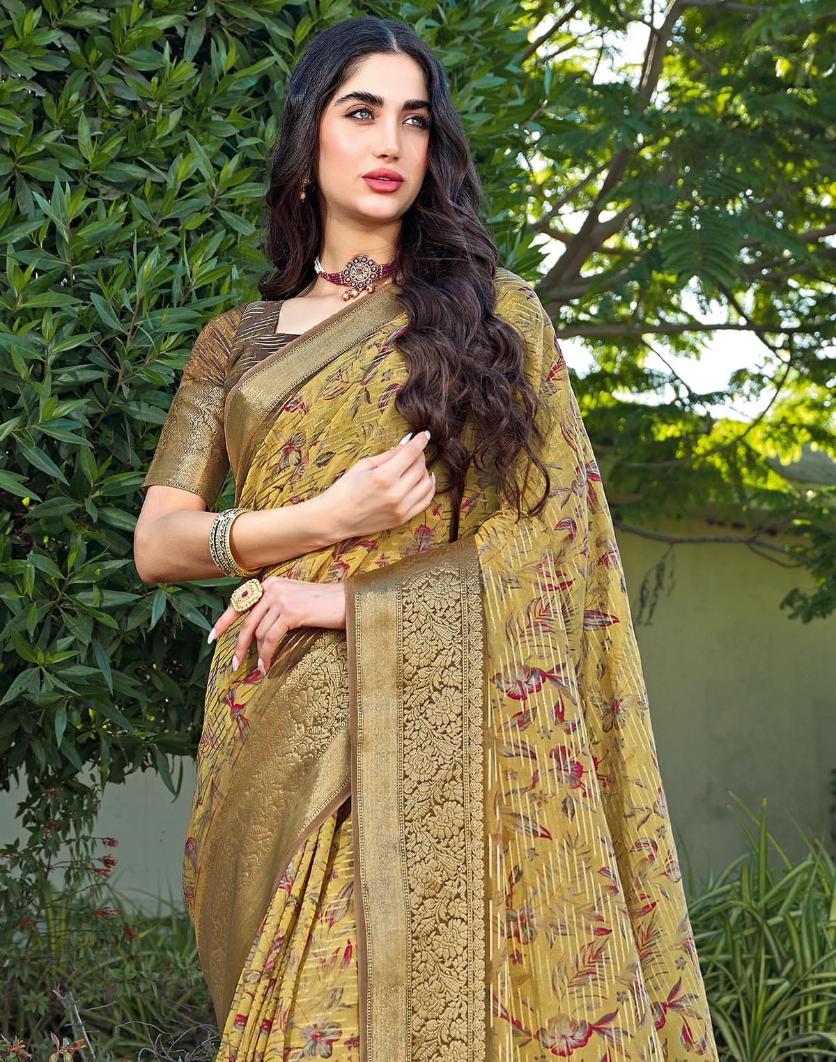 Collection of Digital Foral Print Light Yellow Dola Silk Saree in a gallery layout