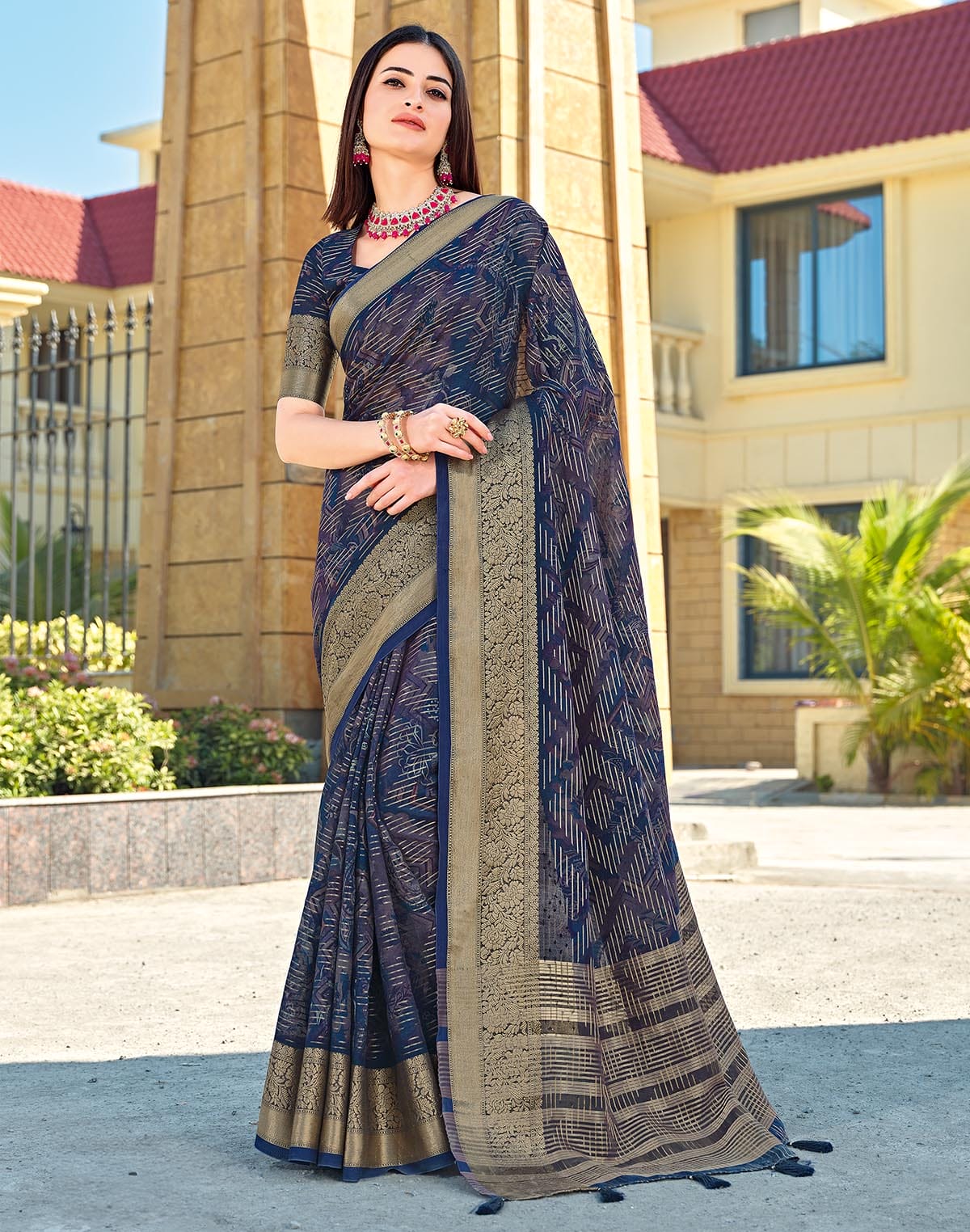 Beautiful Navy Blue Coloured Dola Silk Fancy Saree