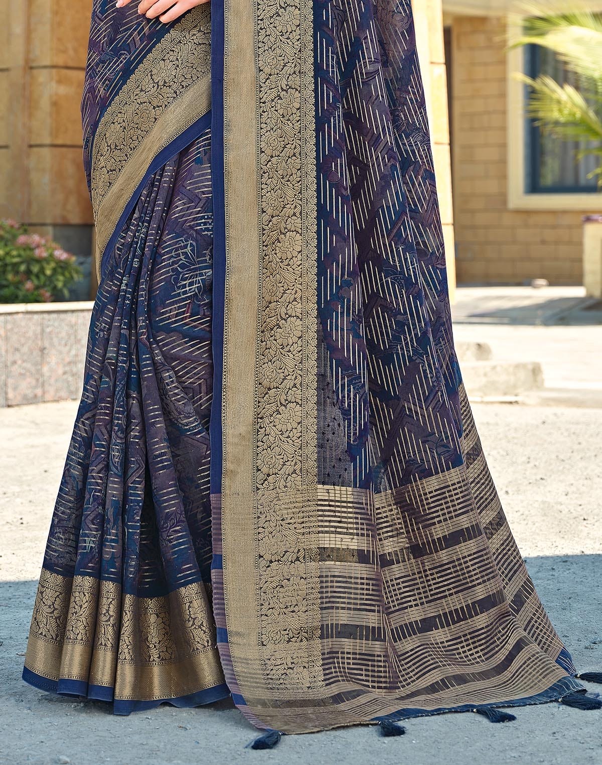 Beautiful Navy Blue Coloured Dola Silk Fancy Saree