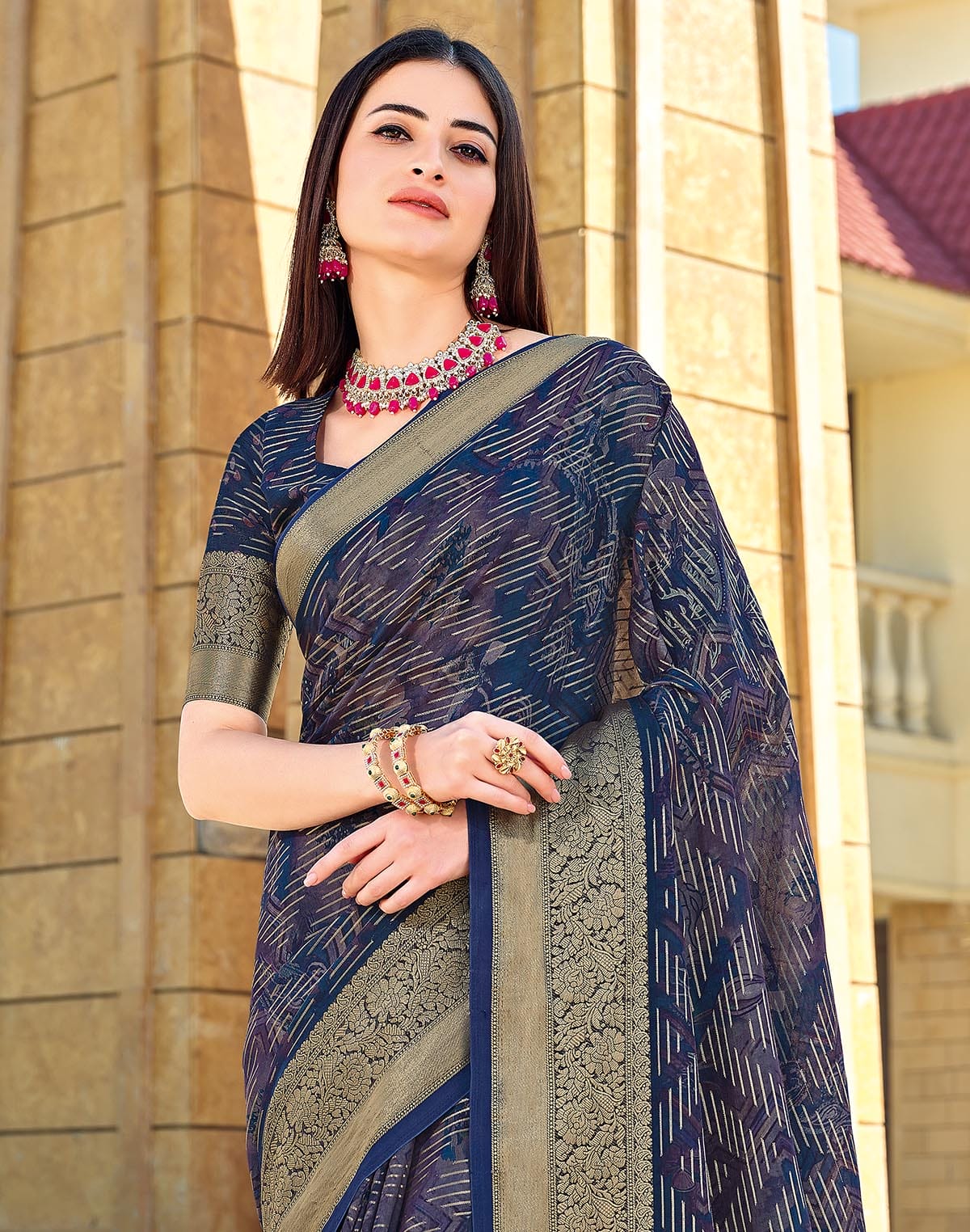 Beautiful Navy Blue Coloured Dola Silk Fancy Saree