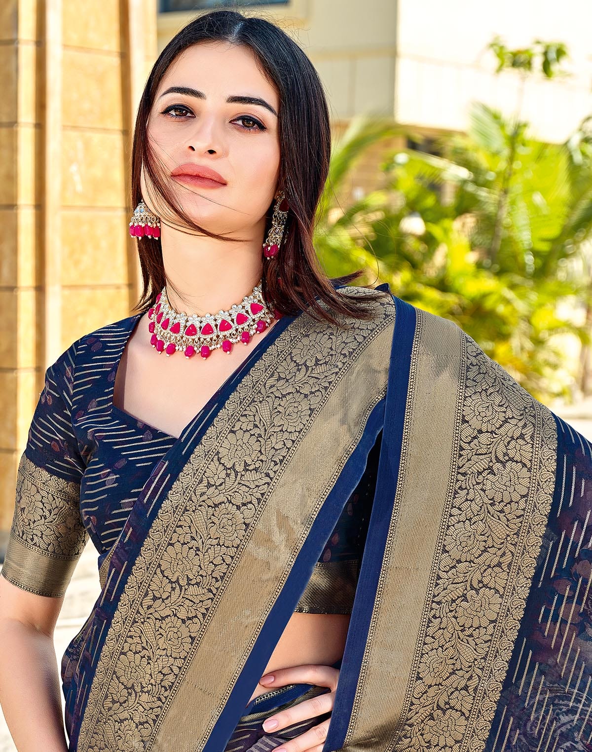 Collection of Beautiful Navy Blue Coloured Dola Silk Fancy Saree in a gallery layout