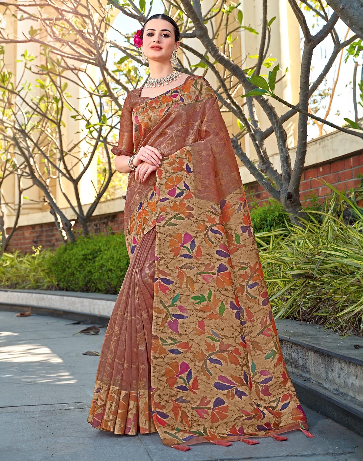 Tissue digital print Light Orange Saree