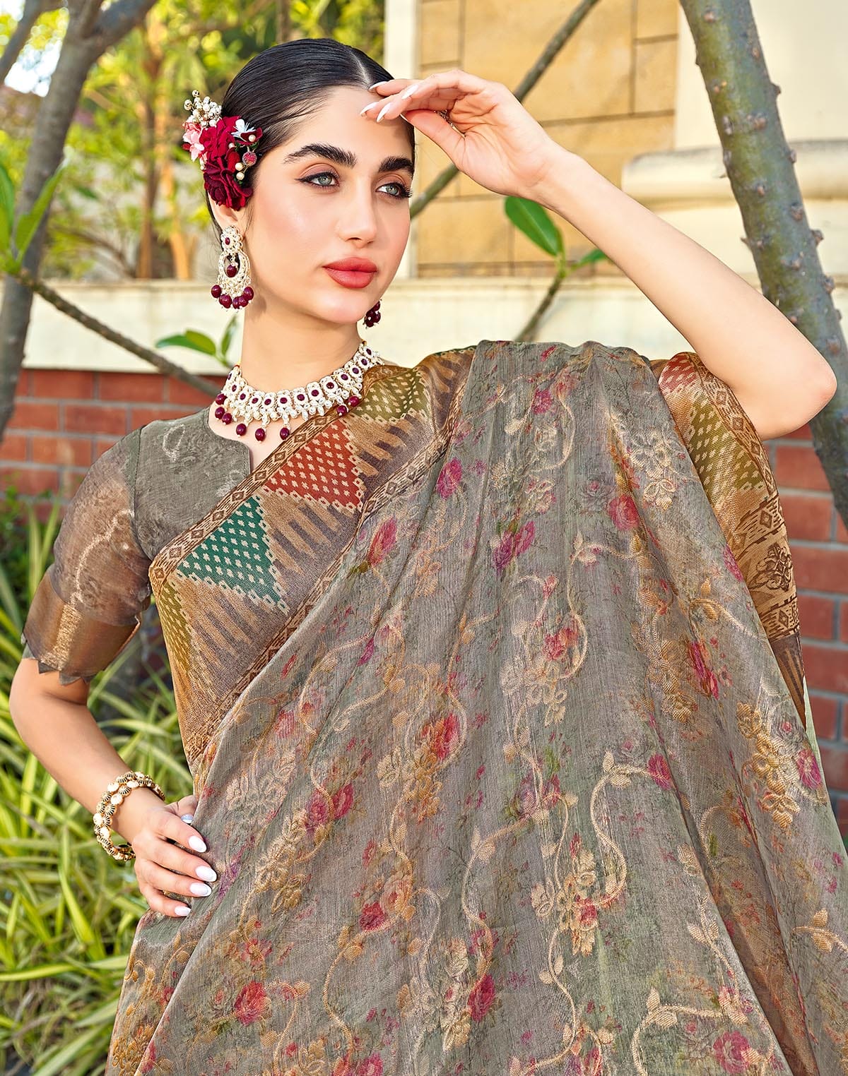 Collection of Digital Printed Grey Tissue Saree in a gallery layout