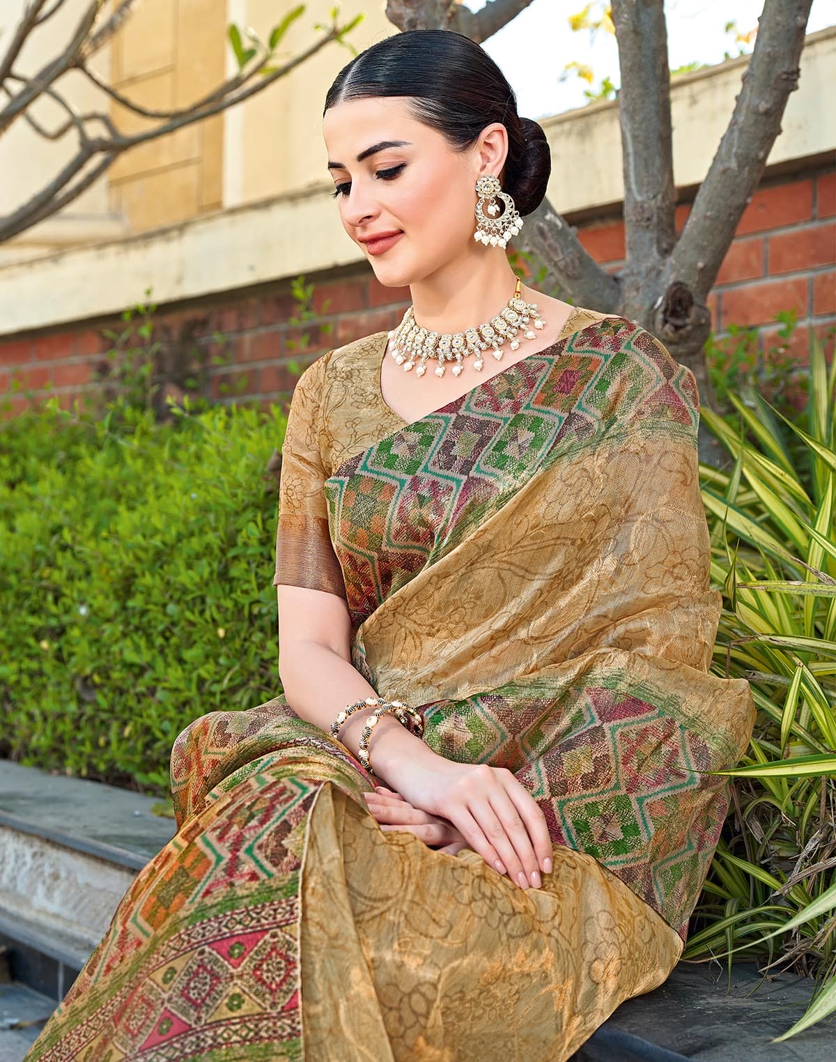 Gold all over Self Floral Print Tissue Saree