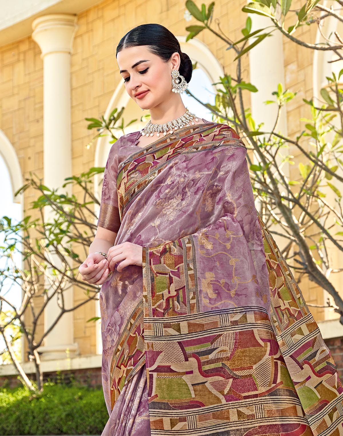 Collection of Light Purple Coloured Digital Print Tissue Saree in a gallery layout